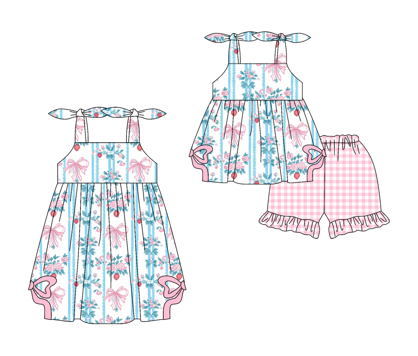 Preorder moq 5 Custom Baby Girls Strap Bows Flowers Tunic Pink Plaid Ruffle Short Set Knee Length Dresses