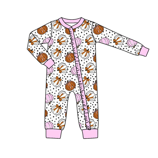 Preorder (moq 5)Baby Girls Pumpkins Polka Dots Fall Two Way Ruffle Zip Convertible Rompers