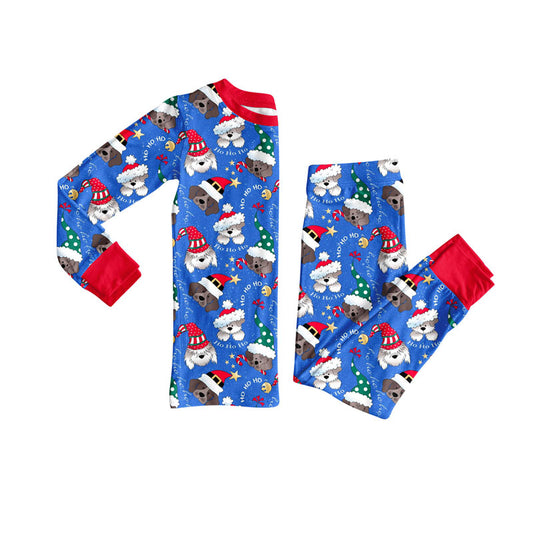 Preorder (moq 20)Baby Boys Bamboo Hot Blue Hats Dogs Candy Cane Christmas Pajamas Sets