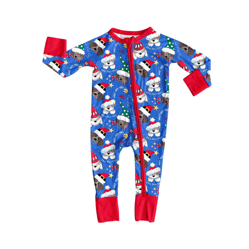 Preorder (moq 20)Baby Boys Bamboo Hot Blue Hats Dogs Candy Cane Christmas Zippy Footie Rompers