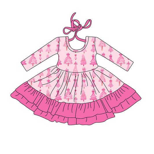 Preorder (moq 5)Baby Girls Long Sleeves Pink Bows Christmas Trees Ruffle Knee Length Dress