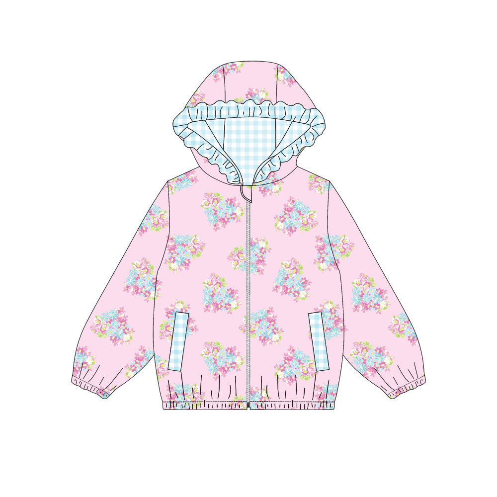 Preorder (moq 5)Baby Girls Hearts Flowers Pockets Zipper Valentine Ruffle Hoodies Top