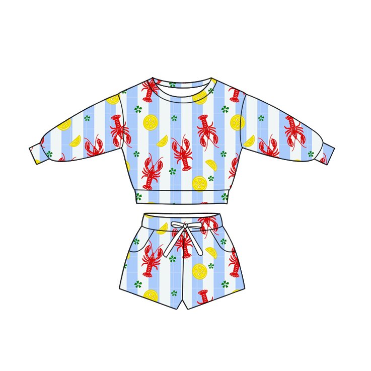 Preorder (moq 5) Baby Girl Clothes Blue Stripe Lobster Lemon Clover Print Long Sleeve Crop Top Shorts Outfit Set