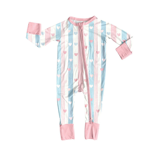 Preorder (moq 5)Baby Girls Pink Blue Stripe Hearts Valentine Zipper Footie Rompers