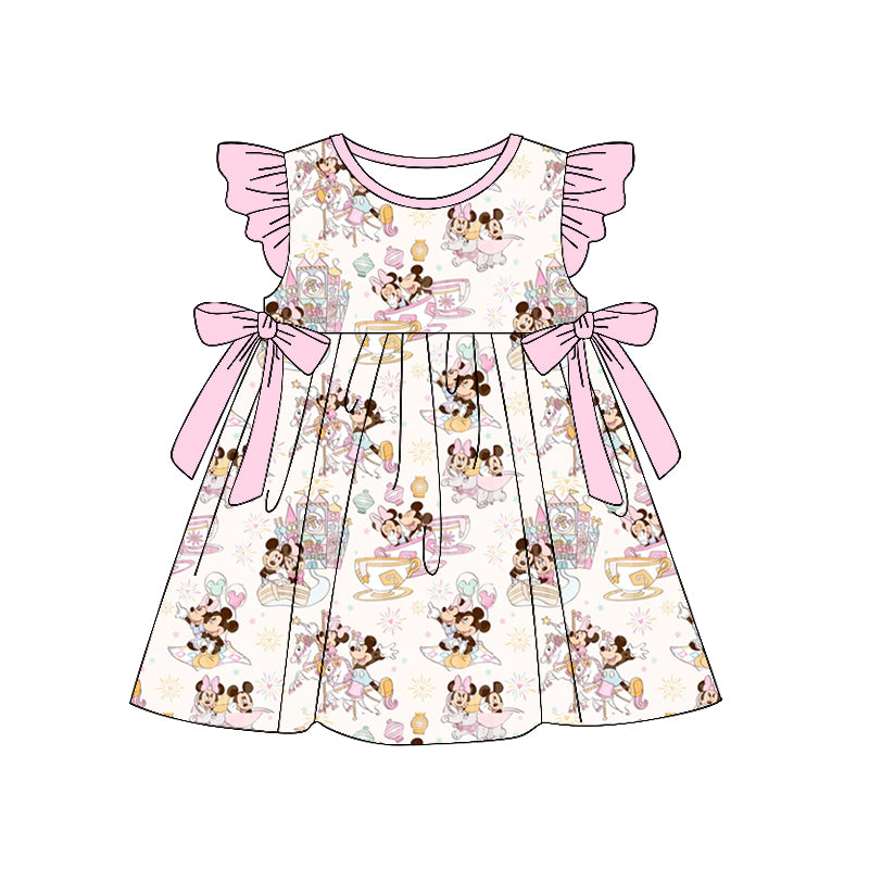Preorder (moq 5)Baby Girls Pink Cartoon Mouse Bows Knee Length Dresses