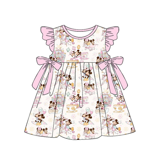 Preorder (moq 5)Baby Girls Pink Cartoon Mouse Bows Knee Length Dresses