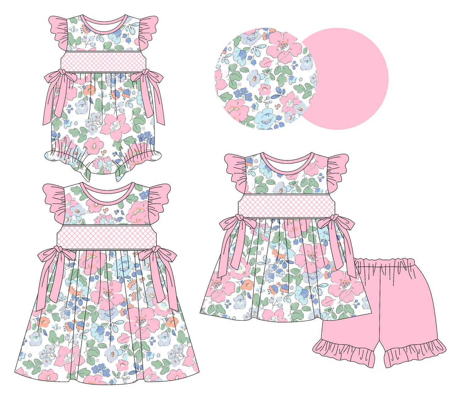 Preorder moq 5 Custom Baby Girls Pink Floral Bows Tunic Ruffle Short Set Knee Length Dress And Rompers