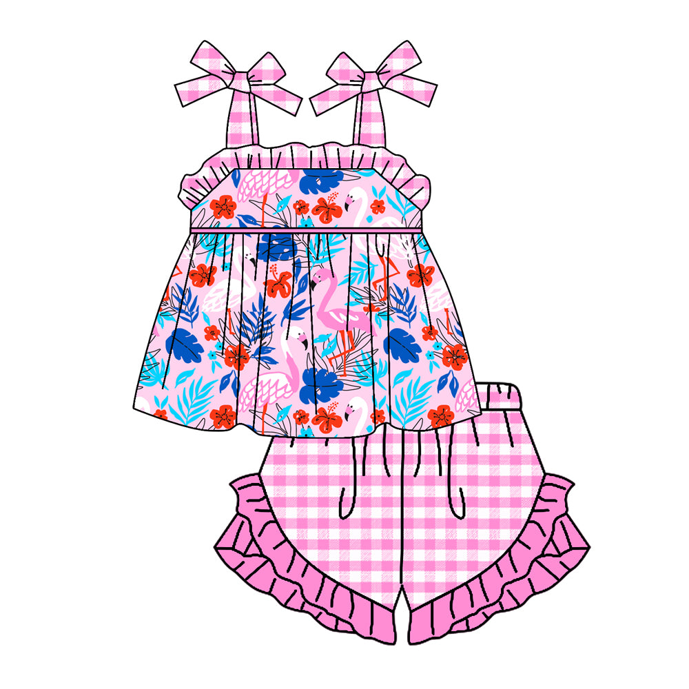 Baby Girls Pink Flamingo Tunic Top Ruffle Shorts Clothes Sets order preorder (moq 5)