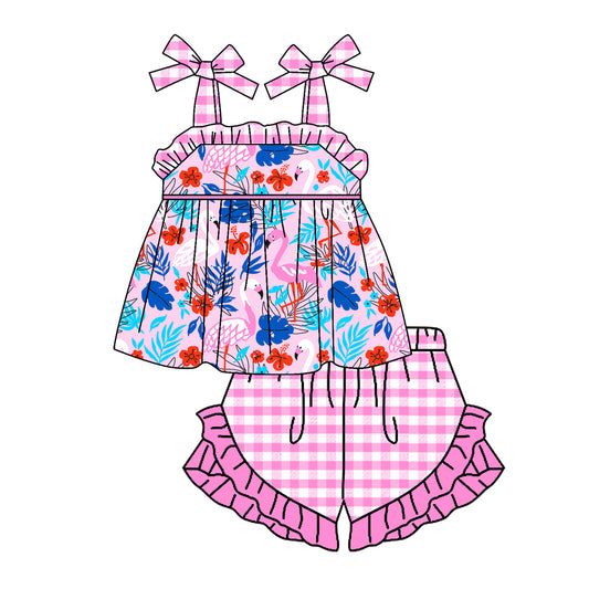 Baby Girls Pink Flamingo Tunic Top Ruffle Shorts Clothes Sets order preorder (moq 5)