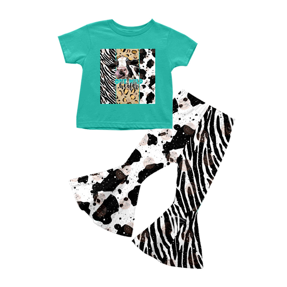 Baby Girls One Wild Heifer Western Tee Top Cow Bell Pants Clothes Sets preorder(moq 5)