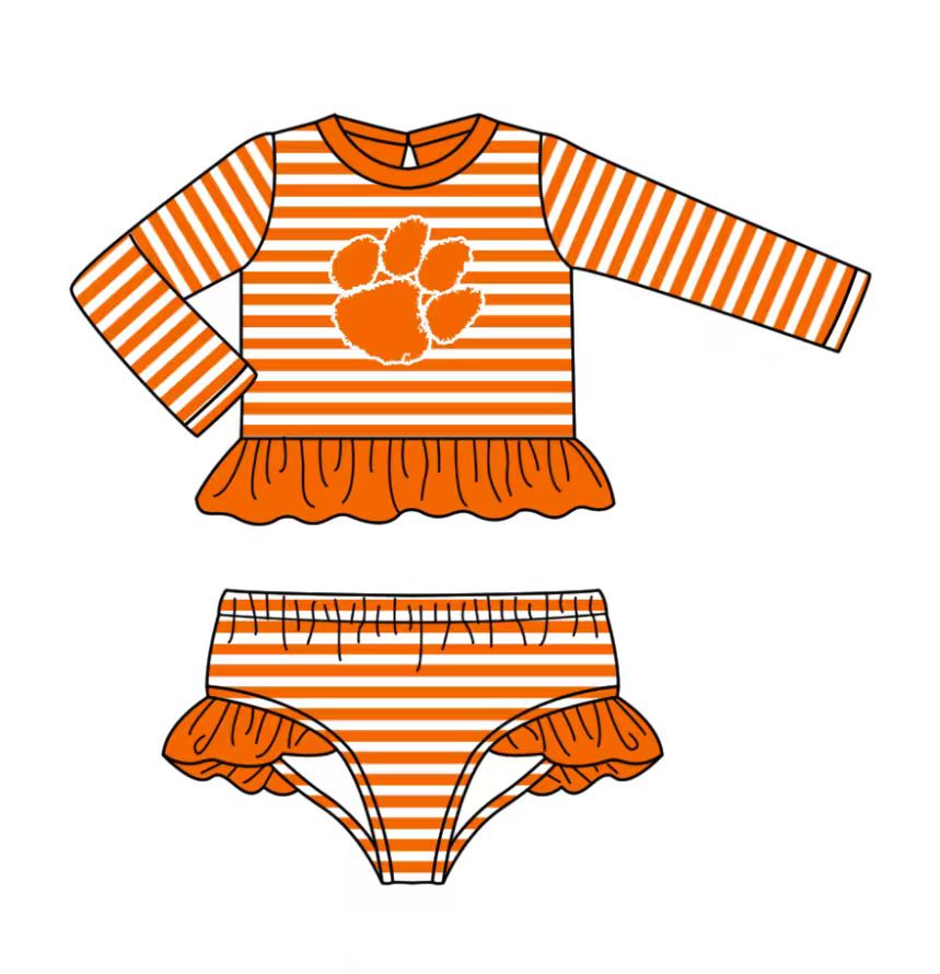 Preorder (moq 5)Baby Girls Orange Stripe Pawls Ruffle Top Bummies Team 2 Piece Swimsuits