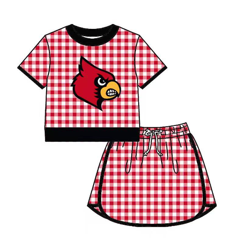 Preorder (moq 5)Baby Girls Red Checked Louisville Cardinals Top Skirt Short Team Clothes Set