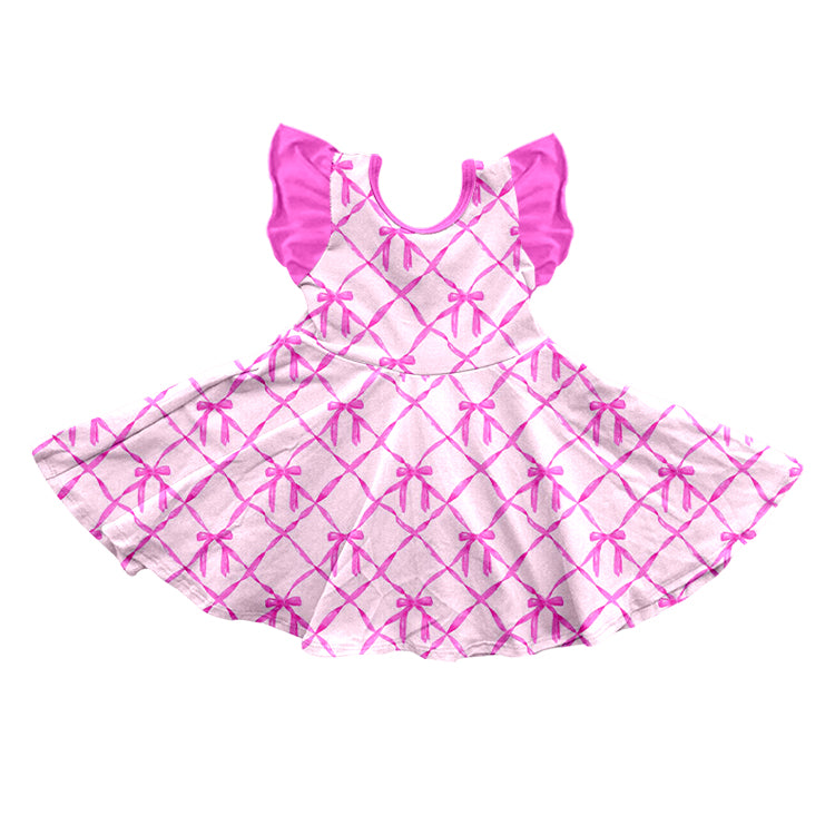 Baby Girls Pink Bows Tunic Pearl Flutter Sleeve Knee Length Dresses Preorder(moq 5)