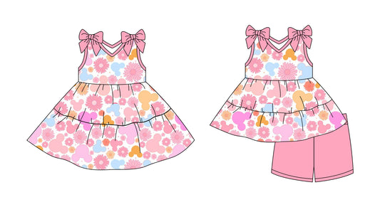 Preorder moq 5 Custom Baby Girls Pink Cartoon Mouses Flowers Tunic Short Set Knee Length Dresses