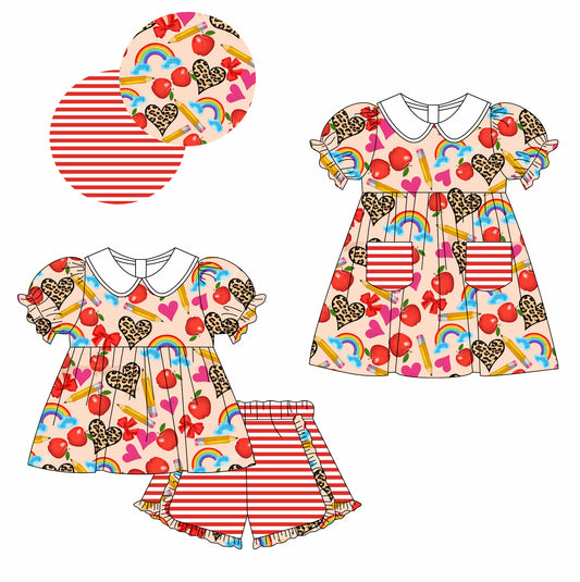 Preorder moq 5 Custom Baby Girls Red Short Ruffle Sleeves Leopard Hearts Apples Tunic Stripe Short Set Knee Length Dress