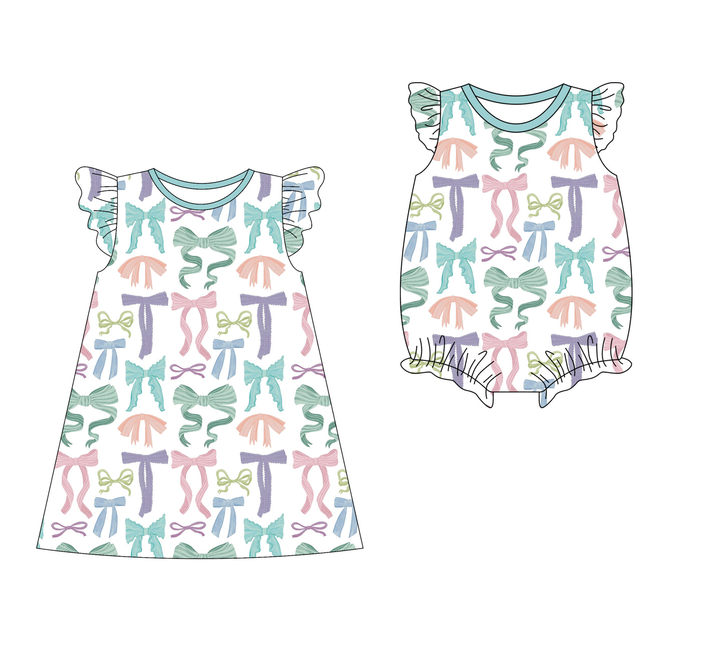 Preorder moq 5 Custom Baby Girls Flutter Sleeves Colorful Bows Knee Length Dresses Rompers