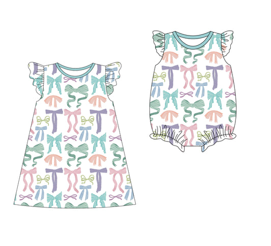 Preorder moq 5 Custom Baby Girls Flutter Sleeves Colorful Bows Knee Length Dresses Rompers