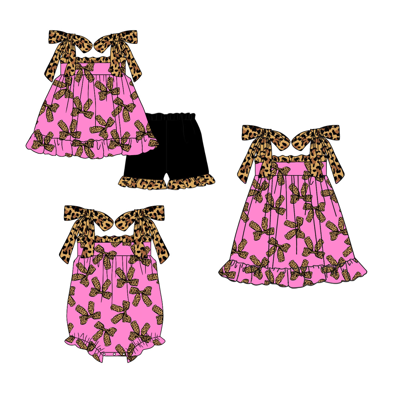 Preorder(moq 5 each)Sibling Baby Girls Leopard Bows Straps Romper Dress Shorts Sets