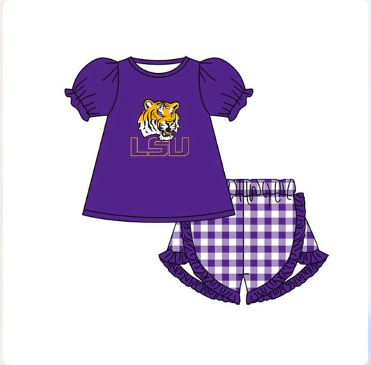 Preorder (moq 5)Baby Girls Yoga LSU Top Shorts Team Clothes Sets