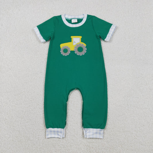 Embroidery Golf Truck Baby Boys Green Footie Rompers