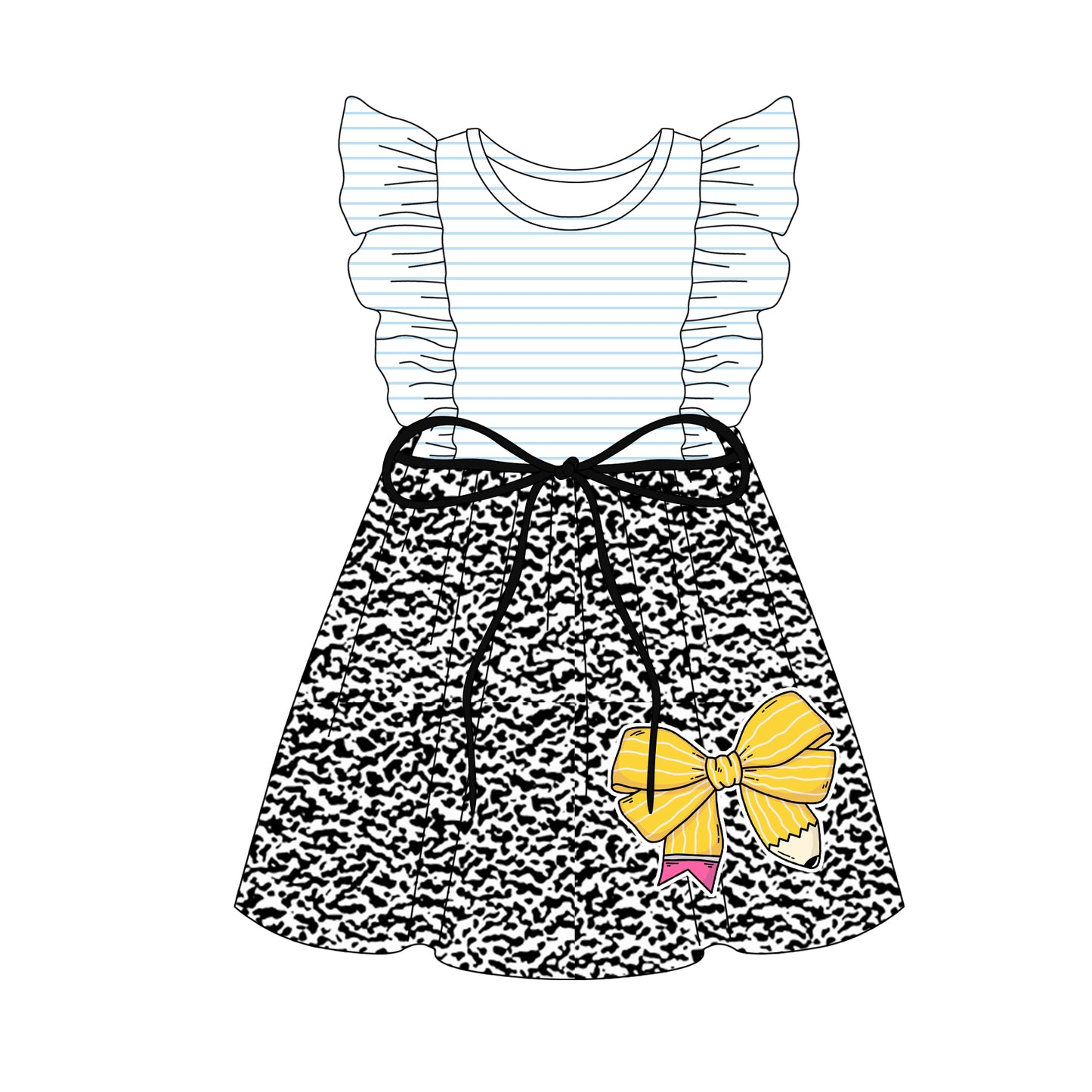 Preorder (moq 5)Baby Girls Blue Stripe Flutter Sleeves Cow Print Pencils Knee Length Dresses Preorder