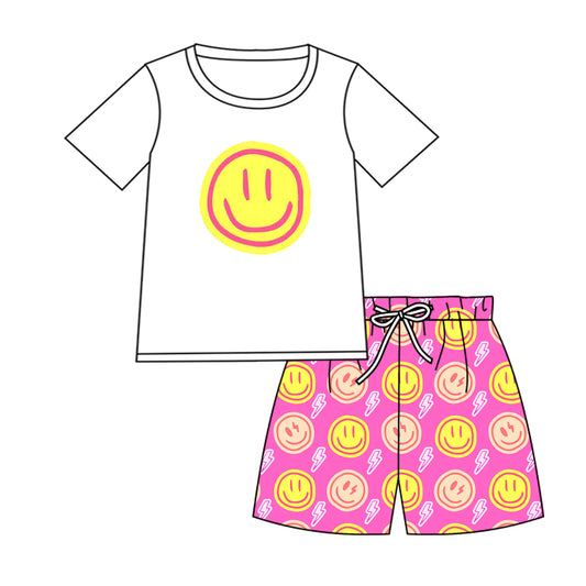 Preorder (moq 5)Baby Boys Short Sleeves Yellow Smile Top Pink Shorts Set Preorder