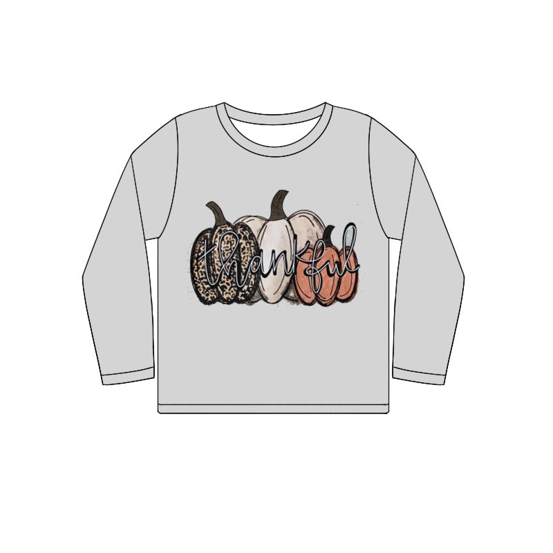 Adult Women Grey Thankful Pumpkins Long Sleeve Tee Shirts Tops Preorder(moq 5)