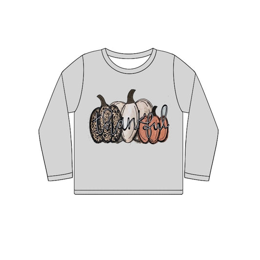 Adult Women Grey Thankful Pumpkins Long Sleeve Tee Shirts Tops Preorder(moq 5)