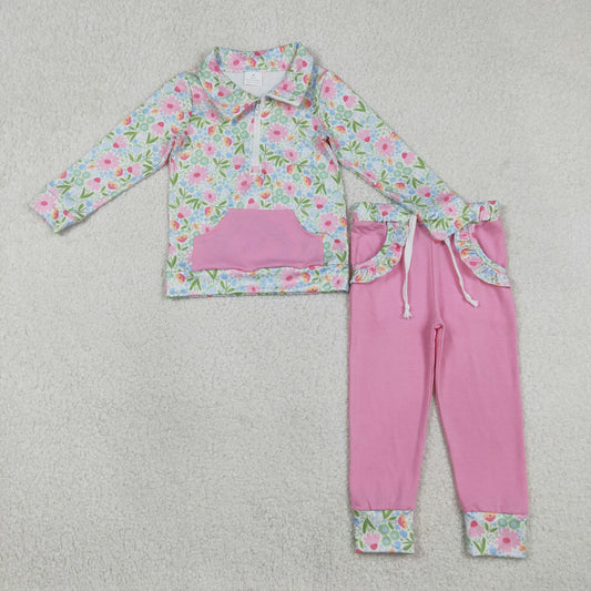 Baby Girls Colorful Flowers Zip Pocket Pullovers Jogger Pants Clothes Sets