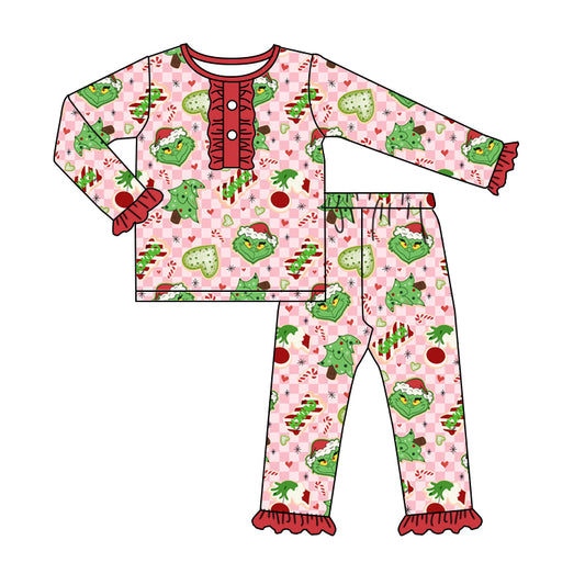 Baby Girls Christmas Green Face Shirt Pants Pajamas Clothes Sets Preorder(moq 5)