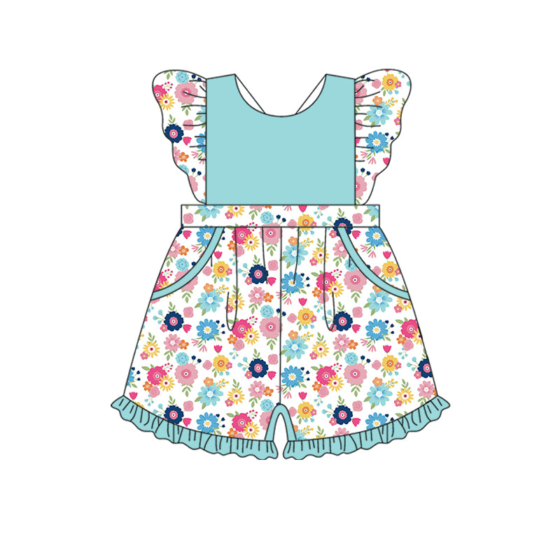 Preorder (moq 5)Baby Girls Aqua Flowers Pockets Flutter Sleeve Jumpsuits