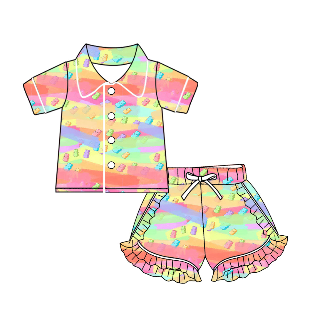 Baby Girls Easter Colorful Candy Bunny Buttons Top Ruffle Shorts Pajamas Sets preorder(MOQ 5)