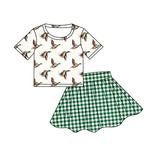 Preorder(moq 5)Baby Girls Duck Tee Shirt Green Checkered Skirts Clothes Sets