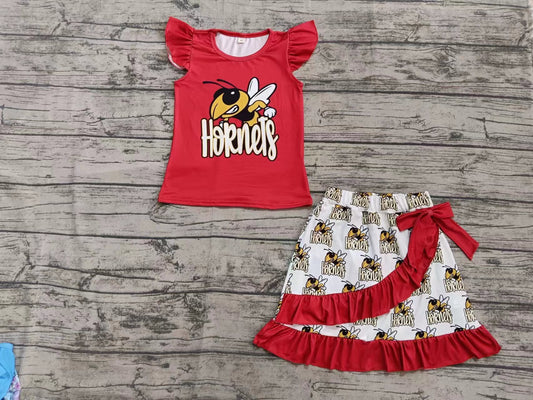 Preorder moq 5 Baby Girls Red Flutter Sleeves Hornets Top Ruffle Skirts Set