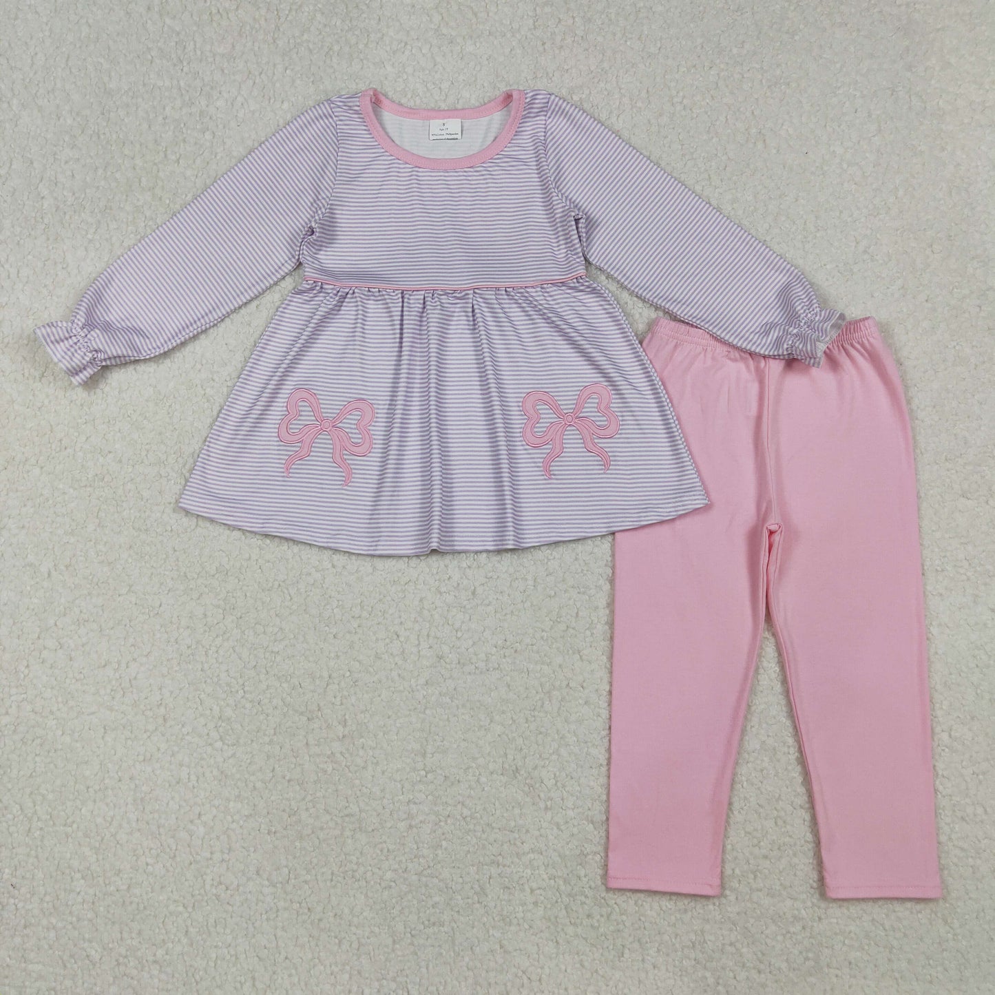 Embroidery Baby Girls Lavender Stripe Bows Tunic Legging Pant Set