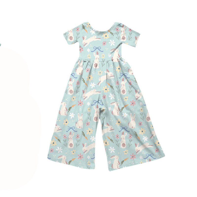 Preorder(moq 8)Baby Girls Short Sleeve Floral Bows Rabbits Easter Pants Jumpsuits