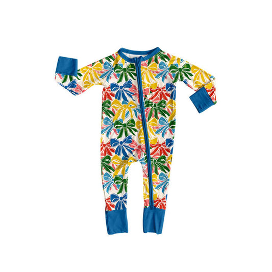 Preorder(moq 8)Baby Girls Colorful Bows Plaid Zipper Footie Rompers