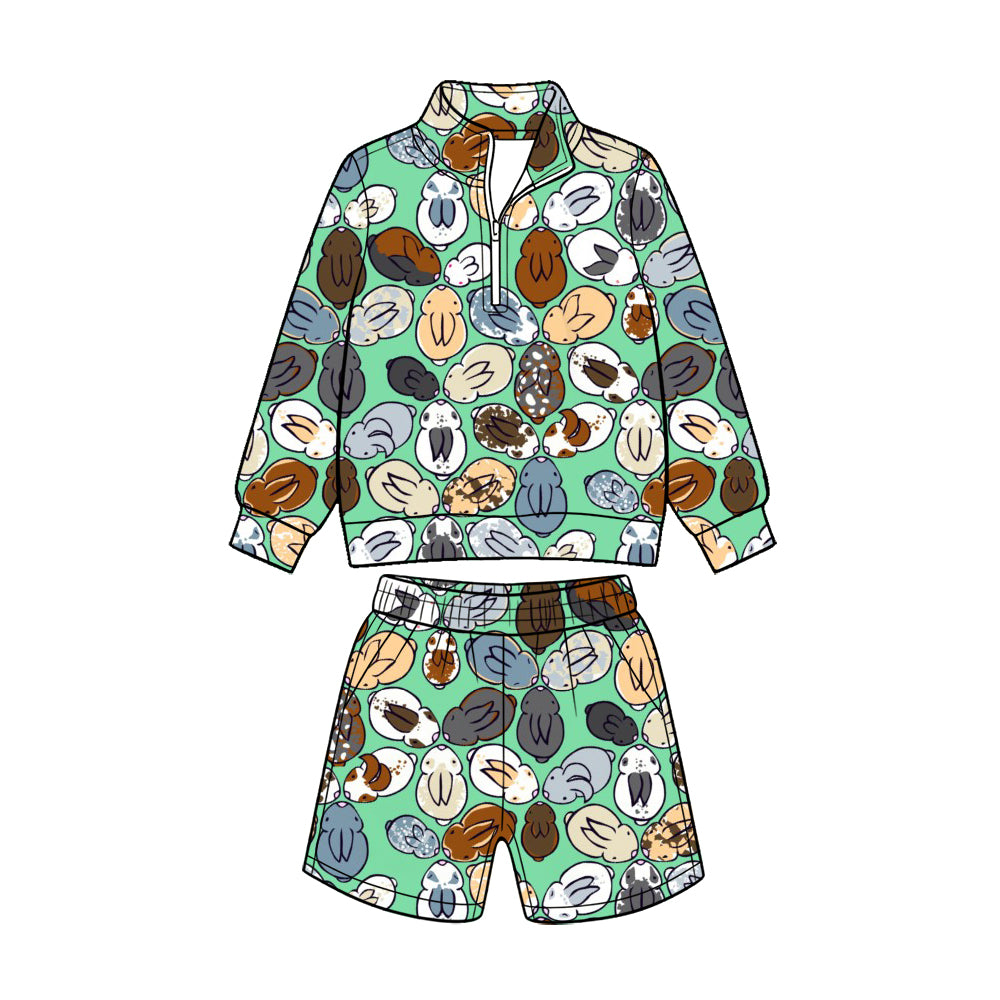 Preorder (moq 5) Baby Boy Clothes Easter Multi Shades Bunny Print Long Sleeve Quarter Zip Top Short Set