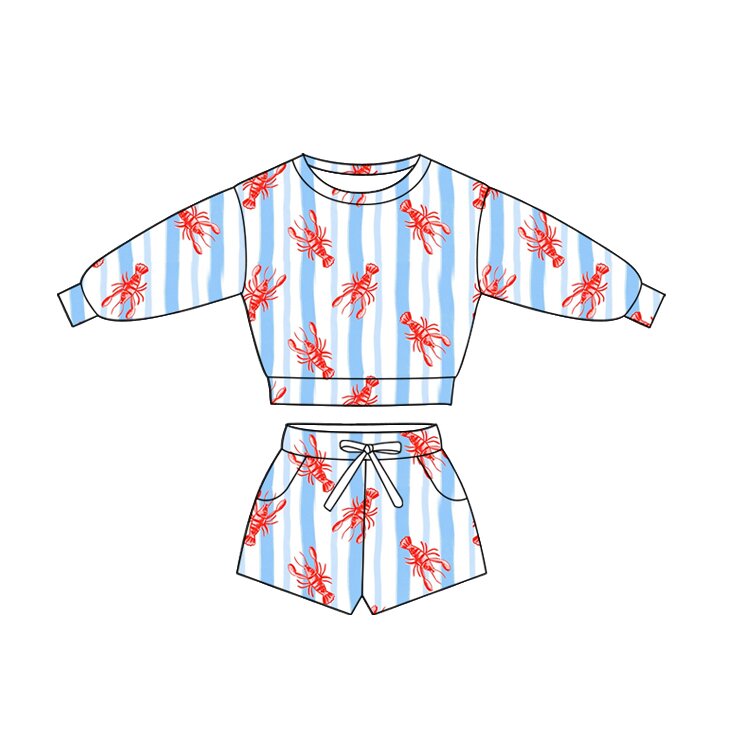 Preorder (moq 5) Baby Girl Clothes Blue White Stripe Lobster Print Long Sleeve Crop Top Shorts Outfit Set