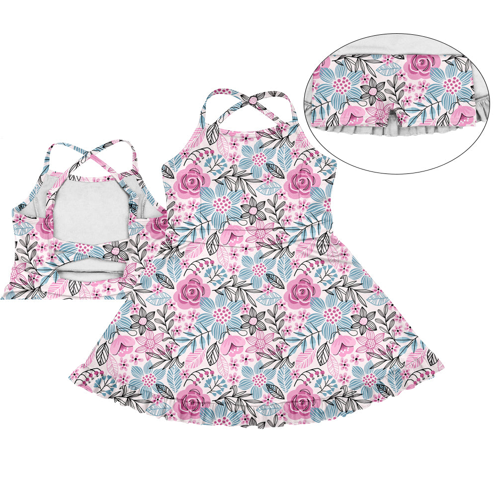 Preorder (moq 5)Baby Girls Lavender Strap Flowers Yoga Active Skort Dress