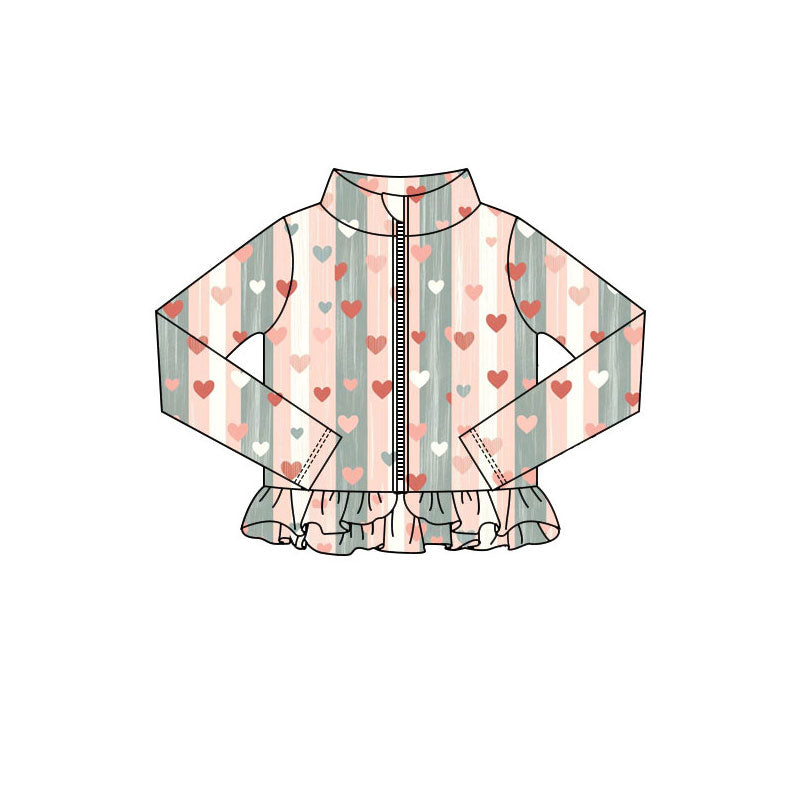 Preorder(moq 5) Baby Girls Pink Aqua Stripes Hearts Valentine Zipper Jackets Top
