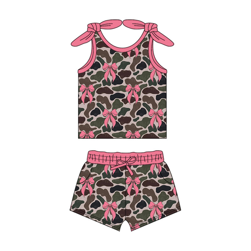 Preorder (moq 5)Baby Girls Camouflage Pink Bows Summer Shirt Top Shorts Clothes Sets
