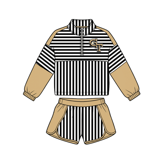Preorder (moq 5)Baby Boys Gold Black Stripe GT Pullovers Top Short Team Clothes Set