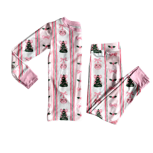 Preorder (moq 5)Baby Girls Pink Bows Trees Holly Stripe Christmas Pajamas Sets