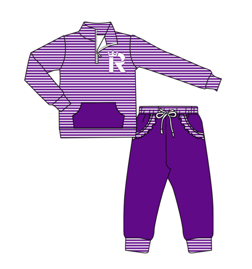 Preorder (moq 5)Baby Girls Purple Stripe Crown R Zip Pullover Pockets Jogger Team Clothes Sets
