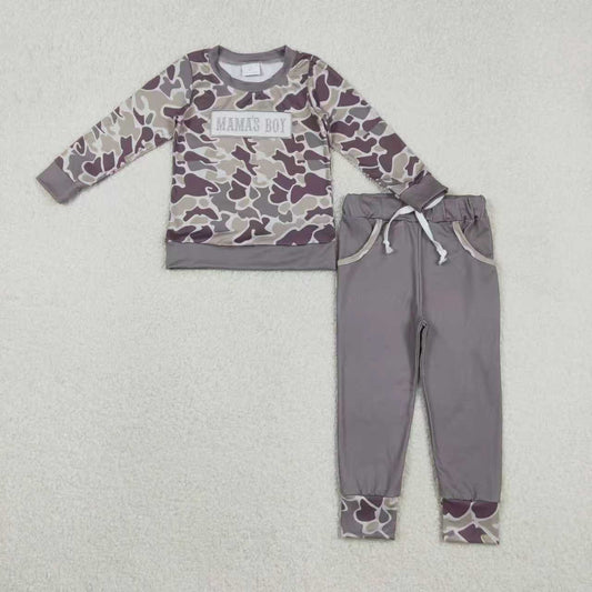 Sibling Baby Boys Embroidery Mama's Boy Grey Camo Pockets Pants Clothes Sets Hoodie Romper