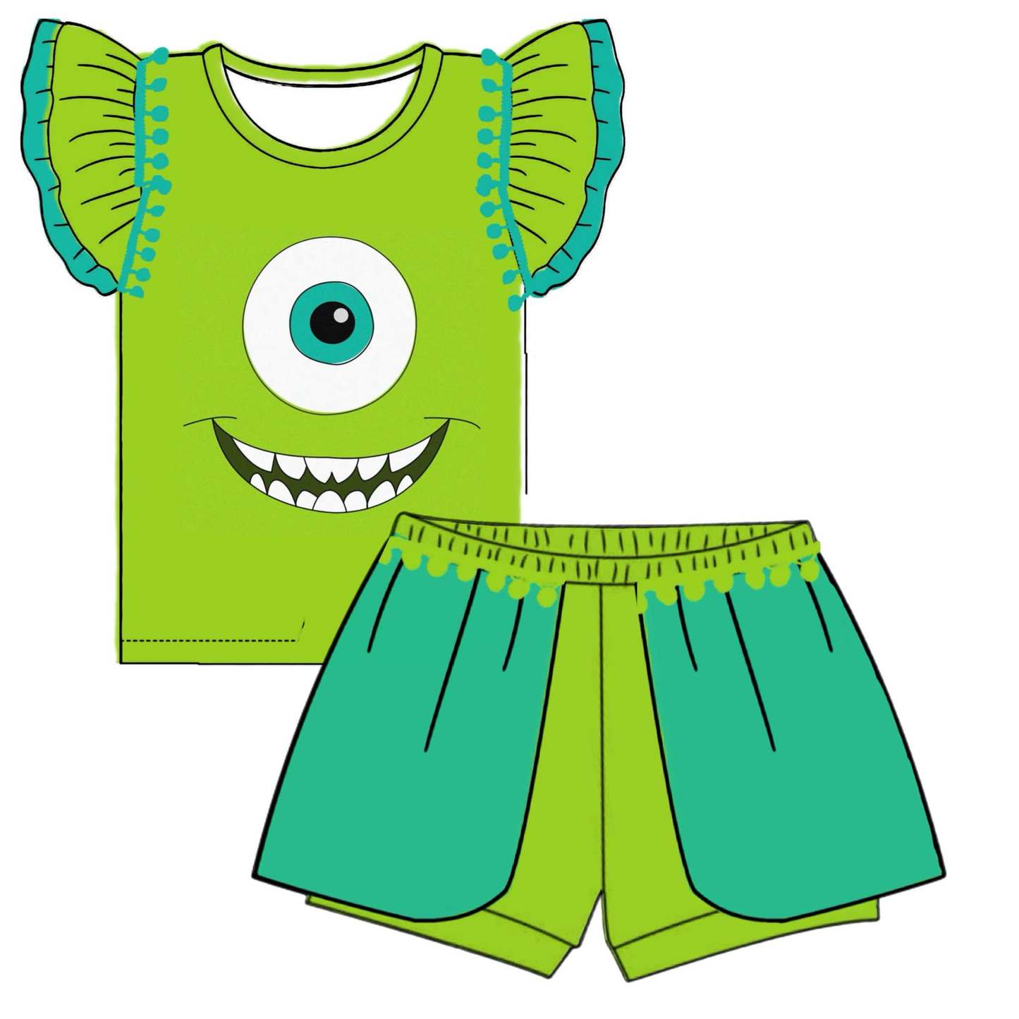 Baby Girls Green Monster Eyes Shirt Shorts Summer Clothes Sets preorder (moq 5)