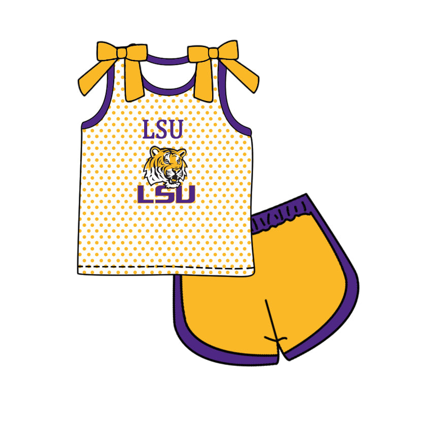 Preorder (moq 5)Baby Girls Bows Sleeveless LSU Tigers Polka Dots Top Short Team Clothes Set