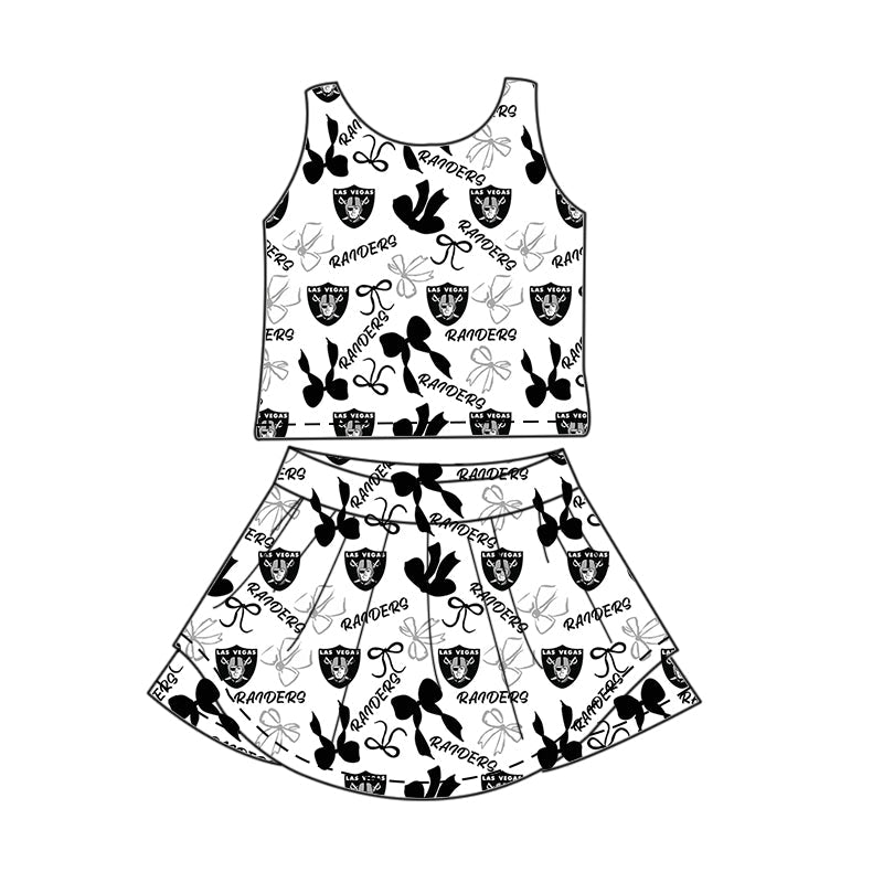 Preorder (moq 5)Baby Girls Sleeveless Black Raiders Bows Top Skirt Short Team Clothes Sets