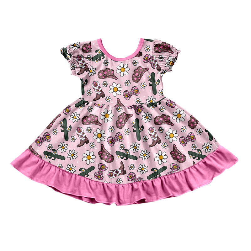 Baby Girls Hats Western Flowers Ruffle Knee Length Dresses Preorder(moq 5)